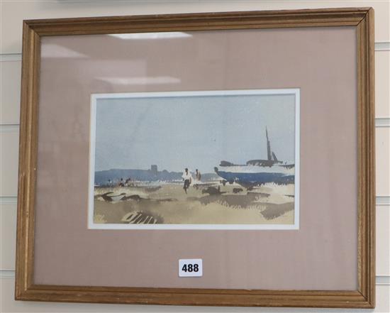 Peter Bowman, watercolour, Fishing boats on the shore, signed, 16.5 x 27cm